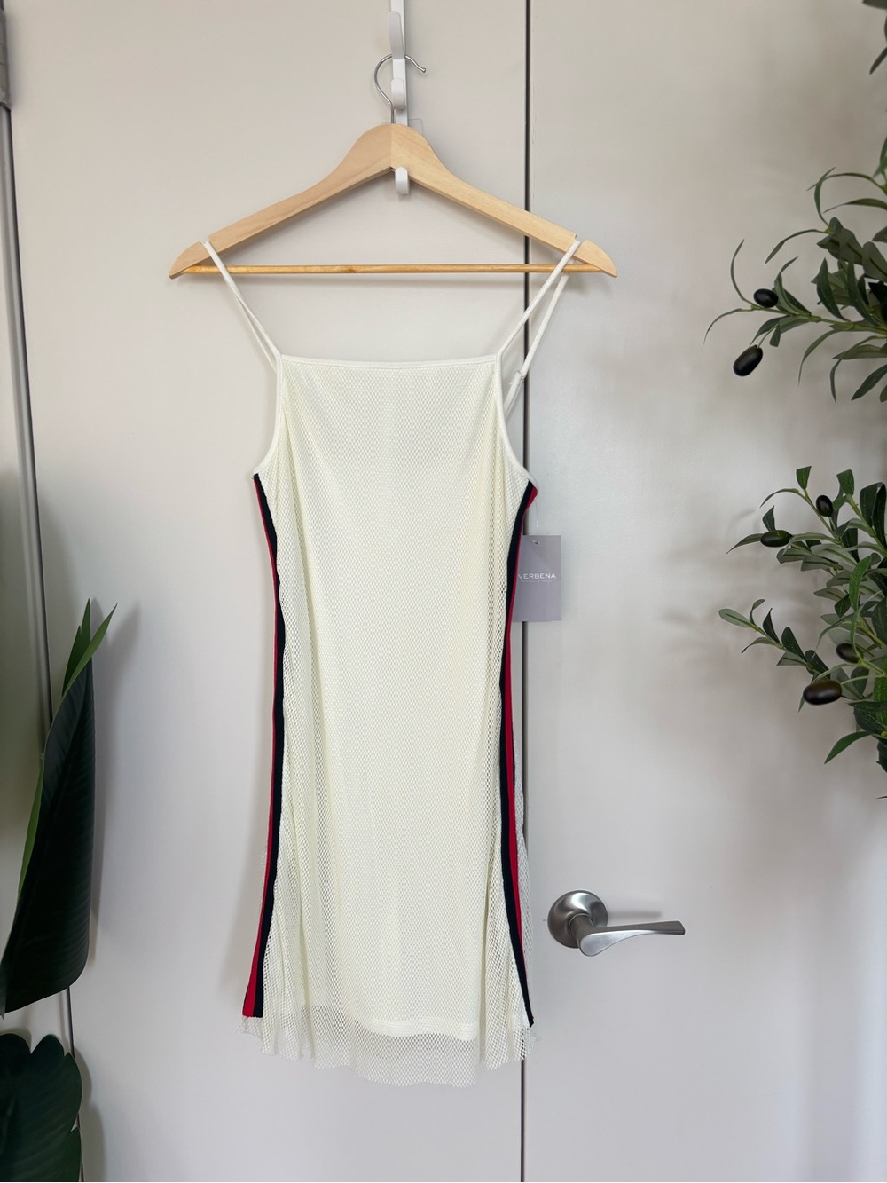 Cream Slip Dress with Red & Navy Side Stripes